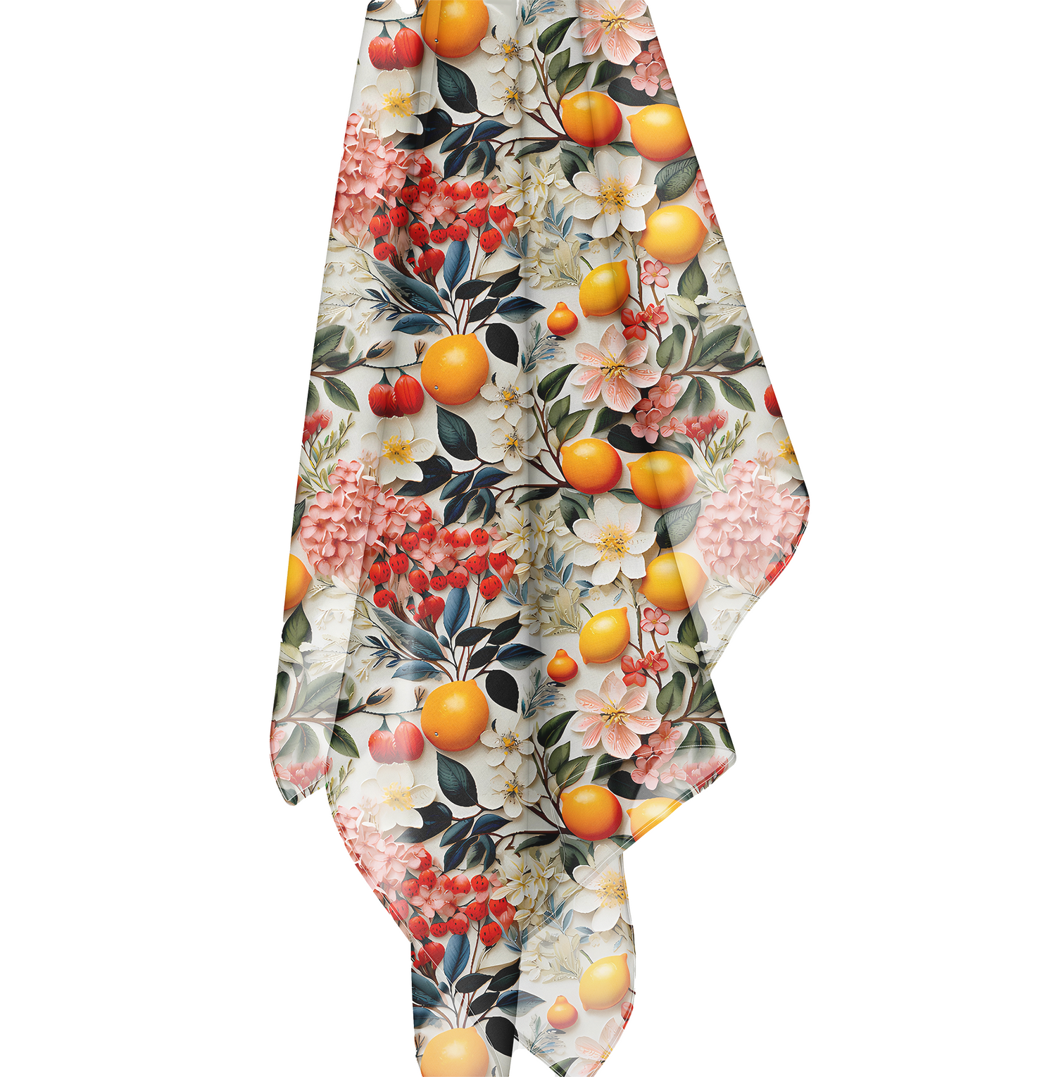 3D Lemon Flower Poly Voile Scarf. Lightweight & Stylish Accessory. Available in 2 sizes: 25" x 25" or 50" x 50"