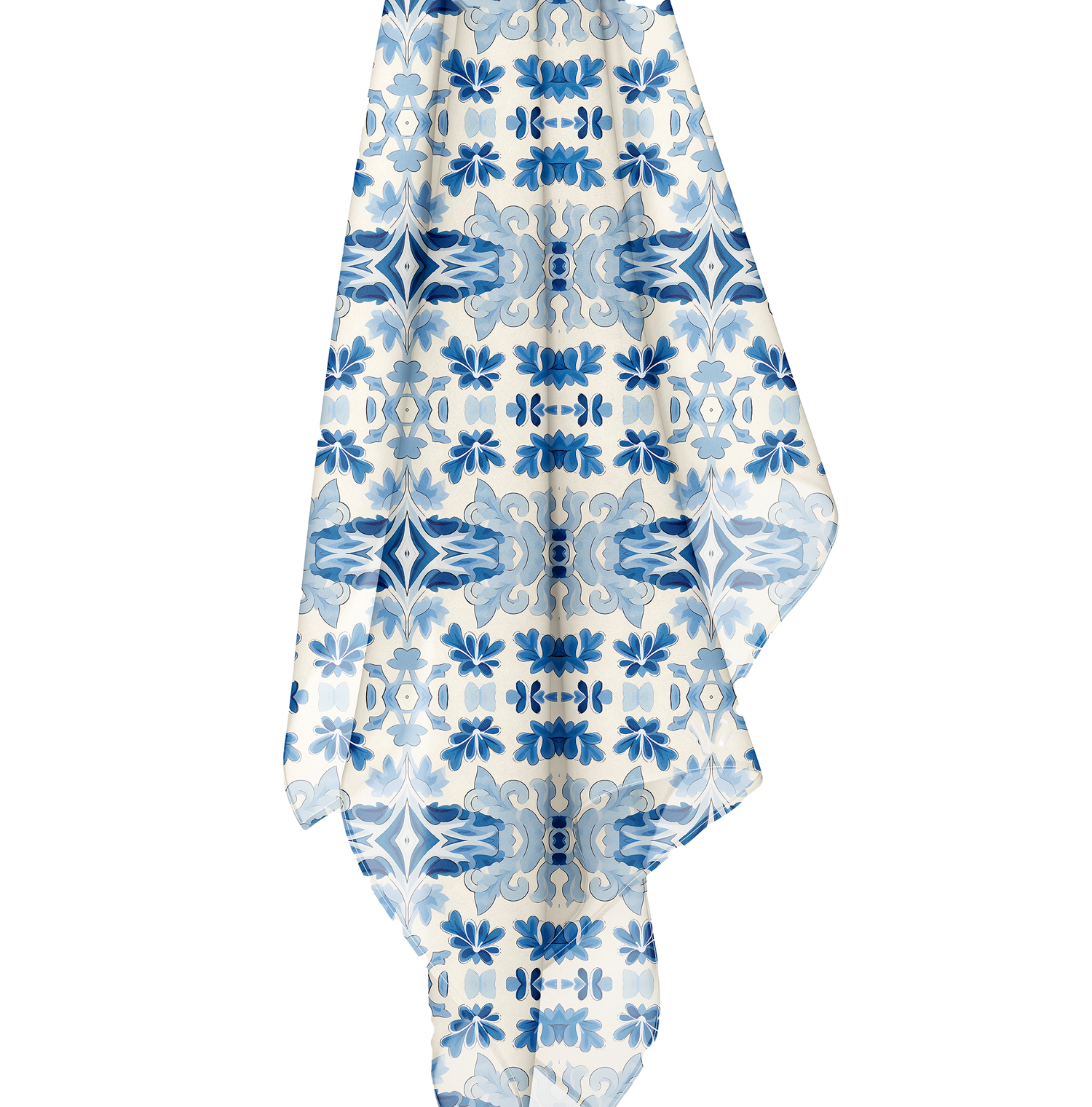 Blue Spanish Tile Poly Voile Scarf. Lightweight & Stylish Accessory, Available in 2 sizes: 25" x 25" or 50" x 50"