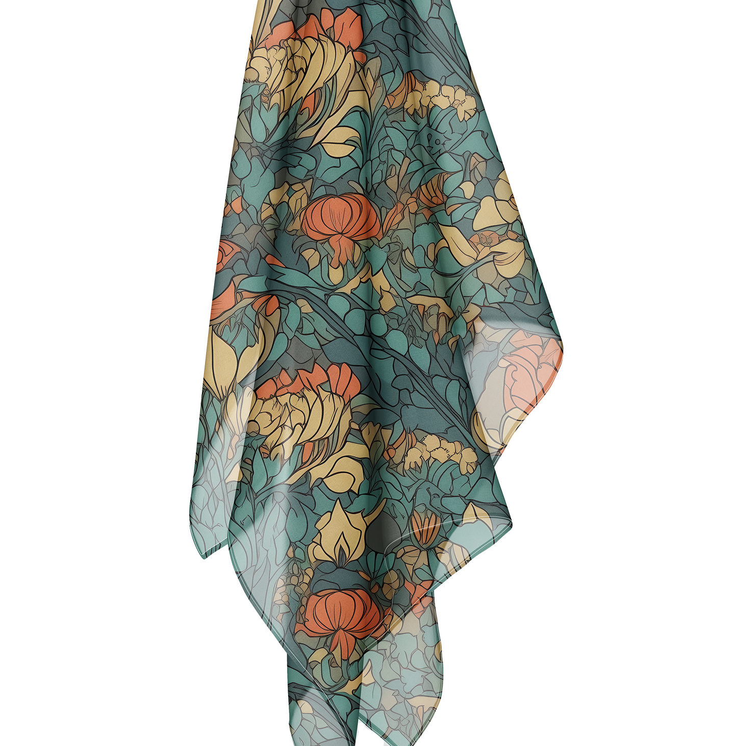 Bohemian Stained Glass Serenity Poly Voile Scarf. Bring Art Nouveau Design into your Wardrobe. Available in 2 sizes: 25" x 25" or 50" x 50"