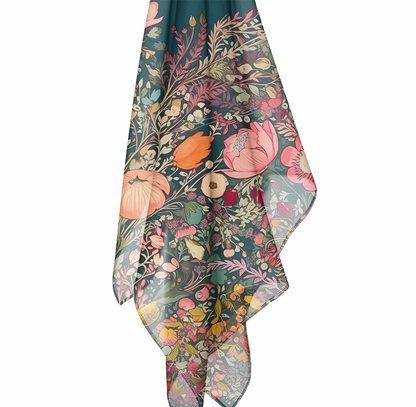Renaissance Fall Floral Poly Voile Scarf. Classic silk scarf design in chocolates and peach. Available in 2 sizes: 25" x 25" or 50" x 50"