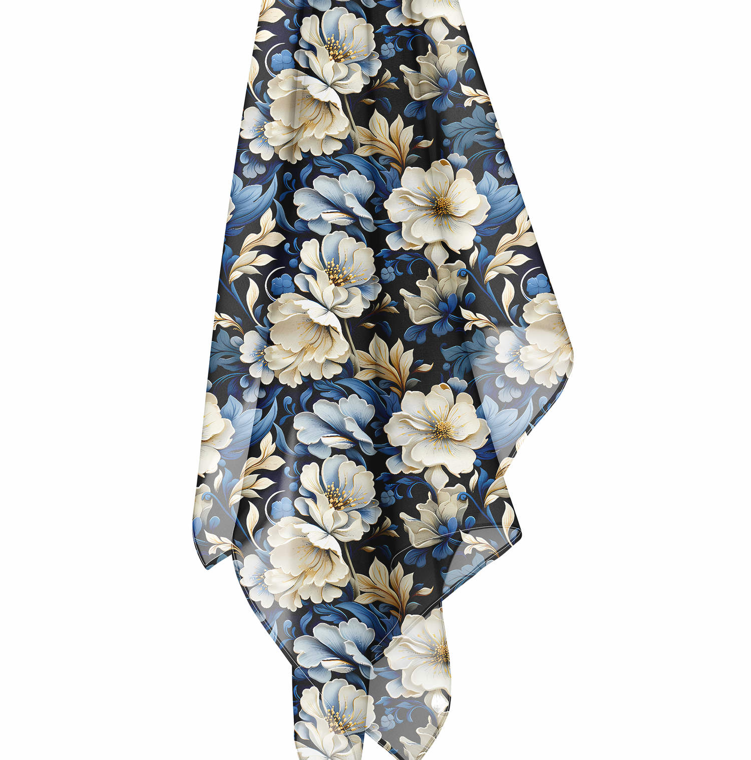 Whitman Floral Poly Voile Scarf - Feminine Blue White Flower Design on Black - Classic European Inspired Accessory, Available in 2 sizes: 25" x 25" or 50" x 50"