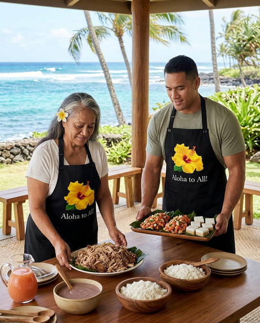 Aloha Hibiscus Adult Apron worn in a real kitchen scene