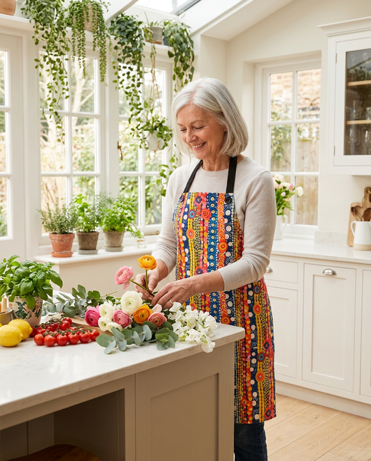 Dotty Delight Adult Apron worn in a real kitchen scene