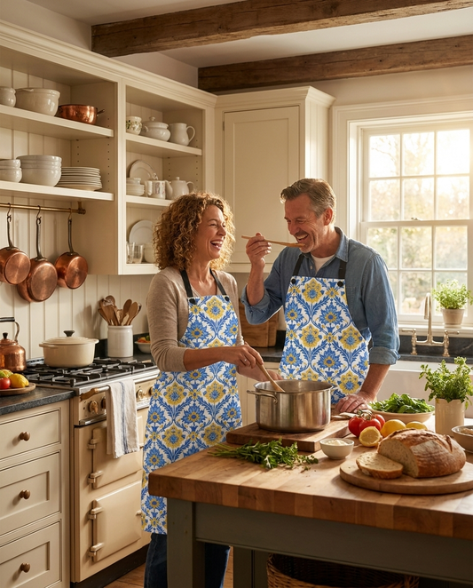Heritage Bloom Adult Apron worn in a real kitchen scene