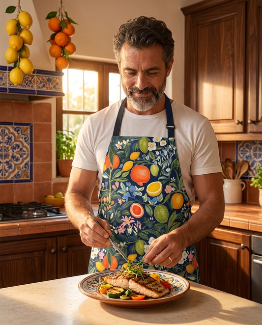 Magical Fruitiness Adult Apron worn in a real kitchen scene