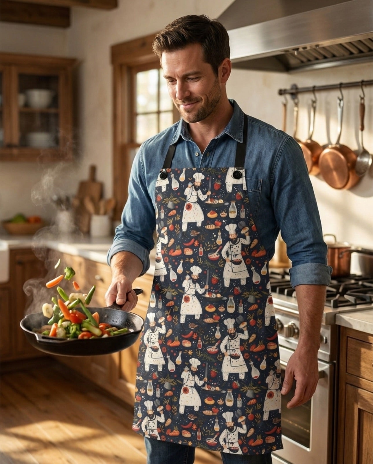 Chef's Delight Adult Apron worn in a real kitchen scene