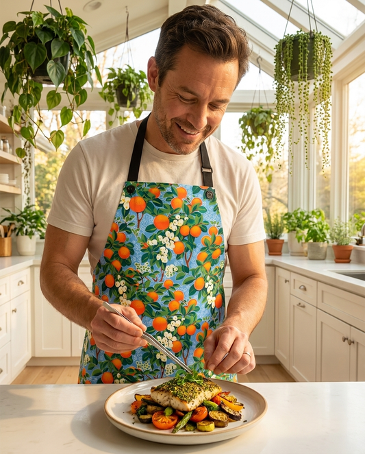 Citrus Blue Bliss Adult Apron worn in a real kitchen scene