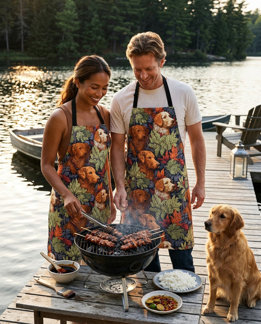 Classic English Dog Tapestry Adult Apron worn in a real kitchen scene
