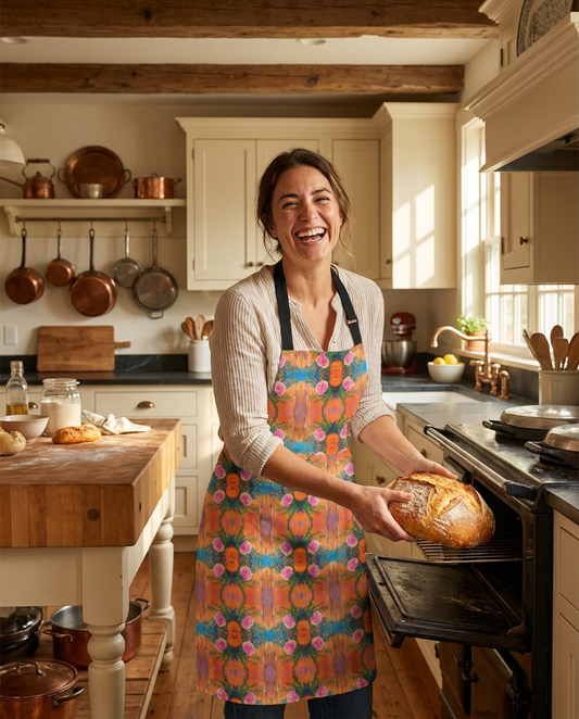 Floral Fiesta Adult Apron worn in a real kitchen scene