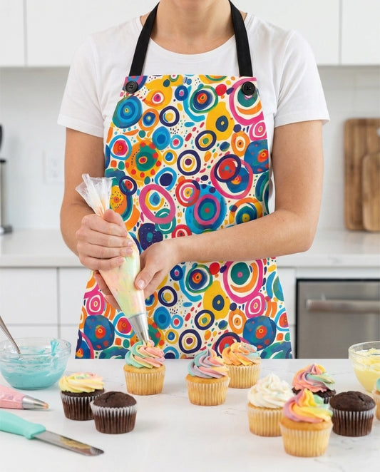 Pop Art Swirls Adult Apron worn in a real kitchen scene