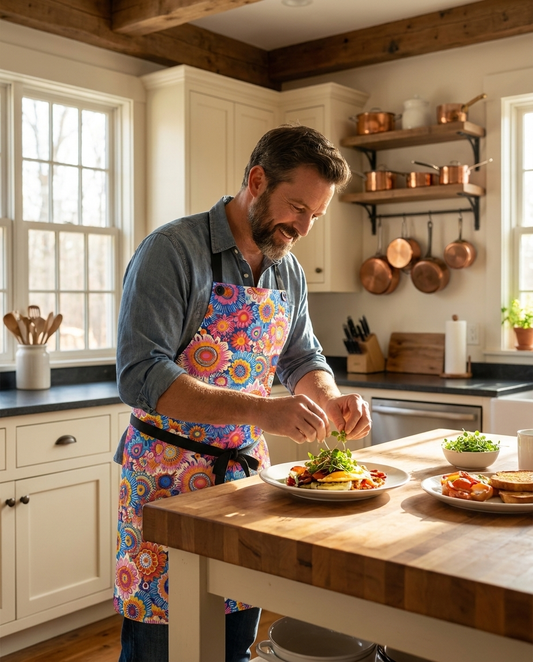 Crayon Blossom Whimsy Adult Apron worn in a real kitchen scene
