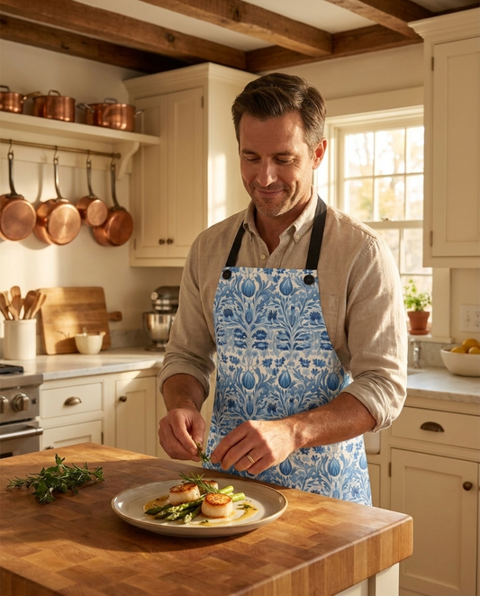 Dutch Blue Tulip Adult Apron worn in a real kitchen scene