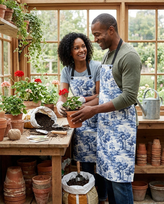Blue & White English Countryside Adult Apron worn in a real kitchen scene