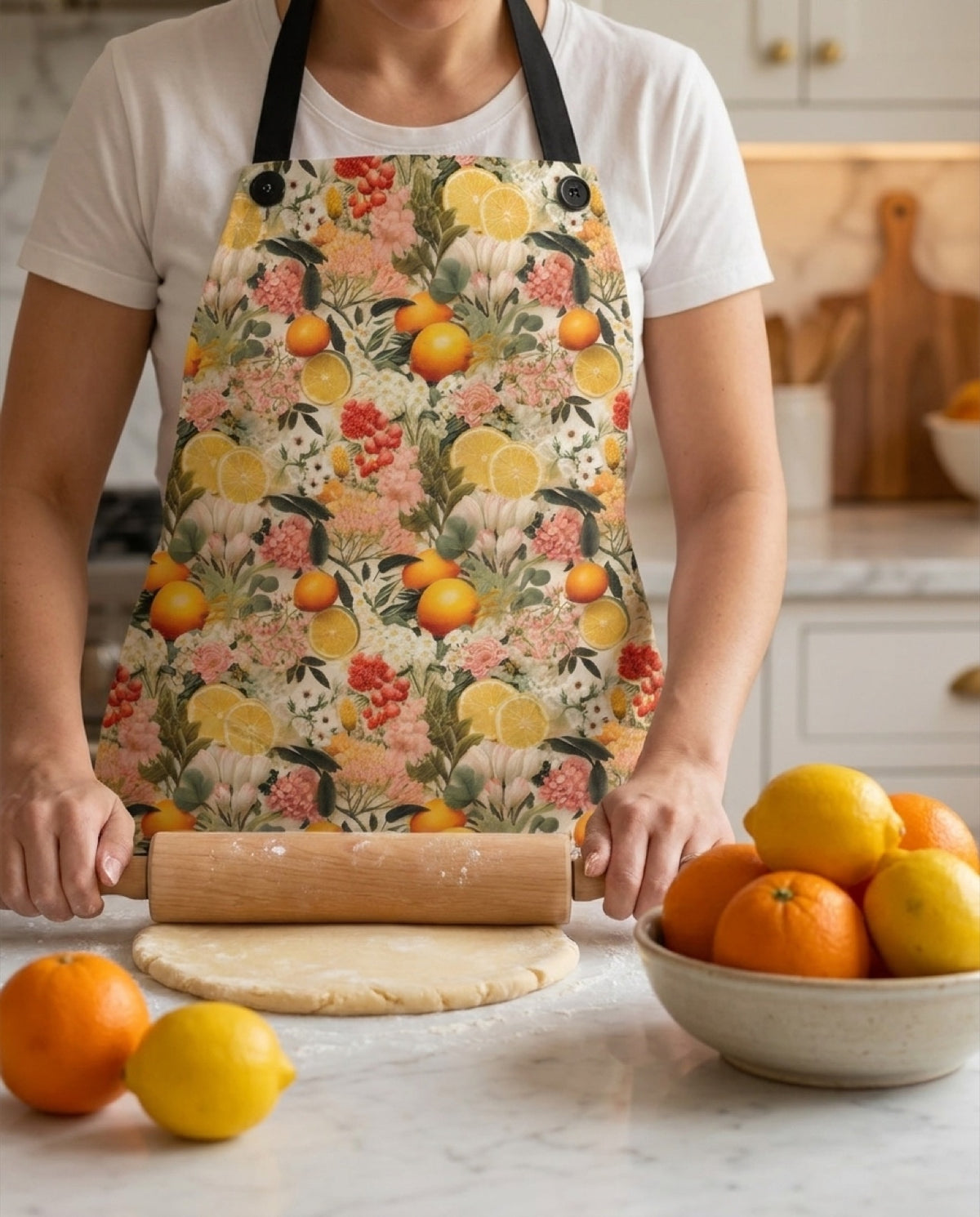 Old World Citrus Delight Adult Apron worn in a real kitchen scene