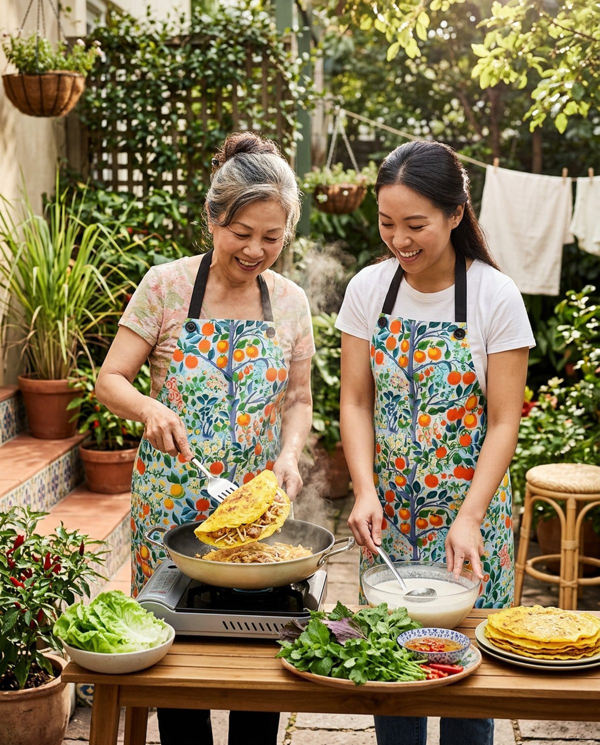 Modern Citrus Tree Adult Apron worn in a real kitchen scene