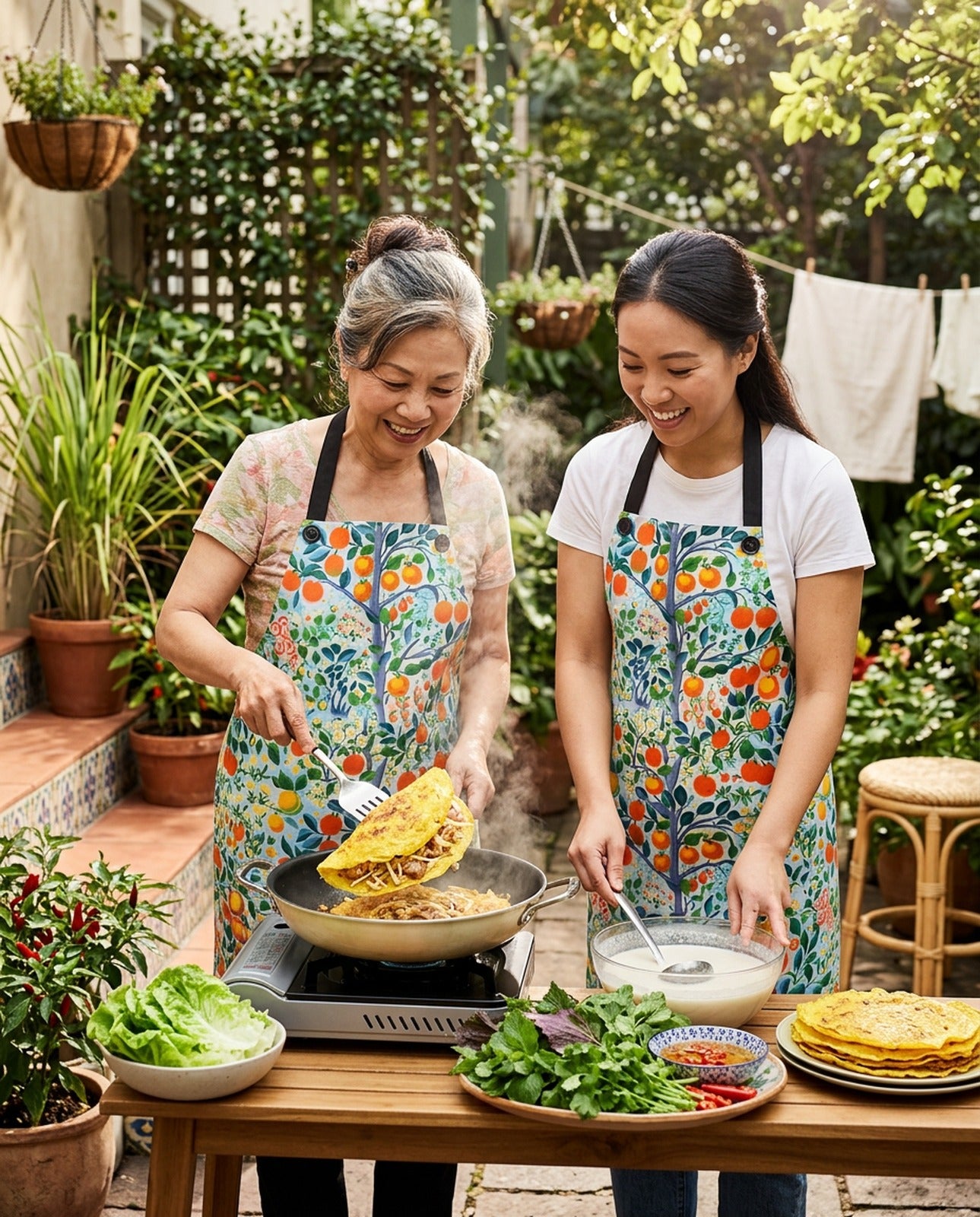 Modern Citrus Tree Adult Apron worn in a real kitchen scene