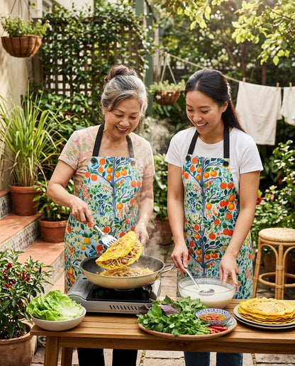 Modern Citrus Tree Adult Apron worn in a real kitchen scene