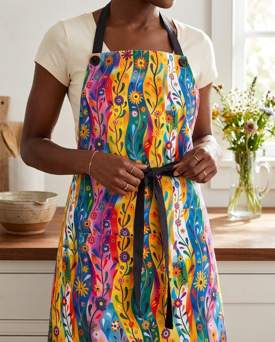 Floral Rhythms Adult Apron worn in a real kitchen scene