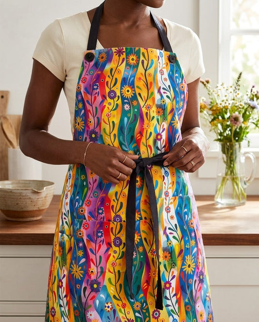 Floral Rhythms Adult Apron worn in a real kitchen scene