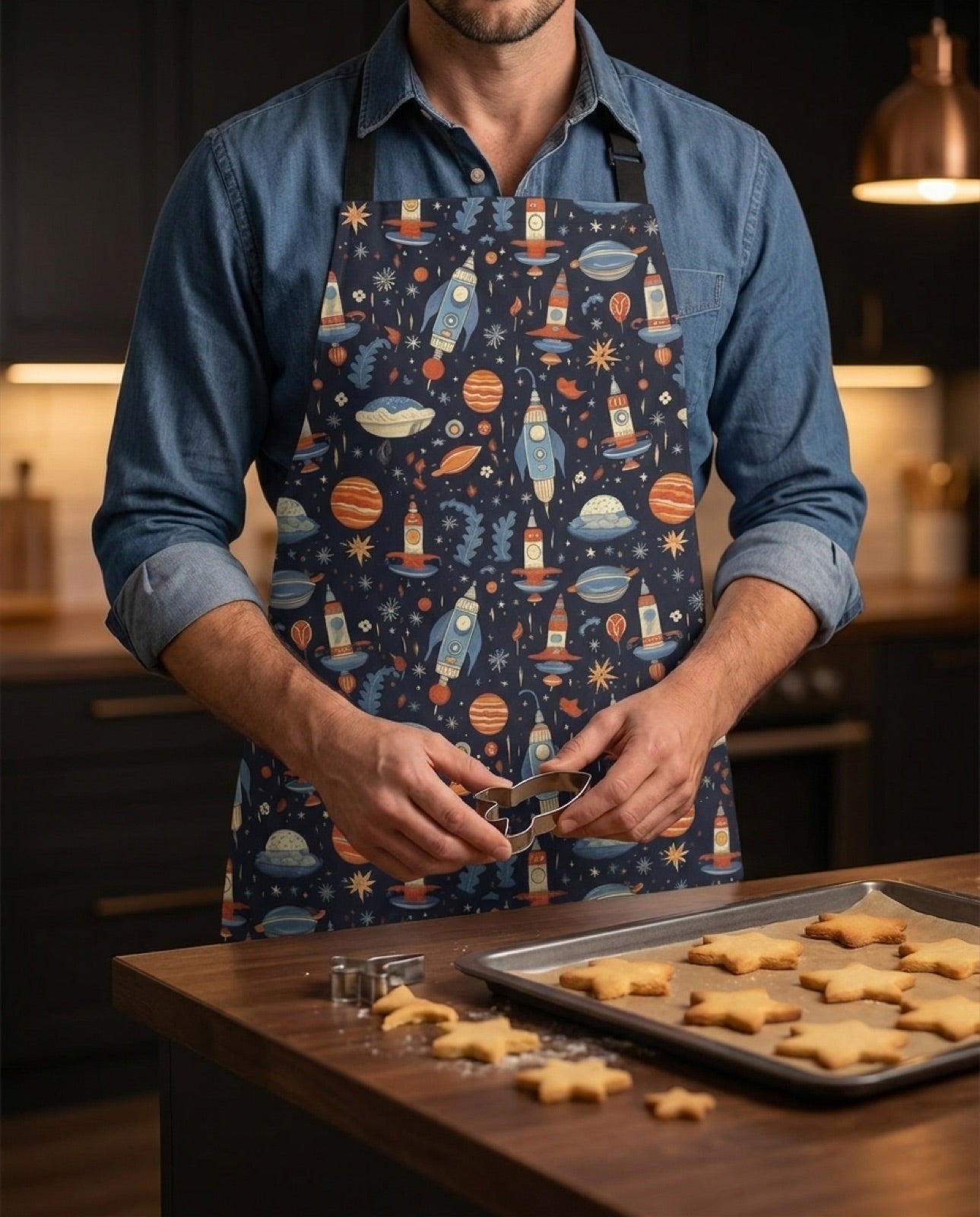 Galactic Space Rocket Romp Adult Apron worn in a real kitchen scene