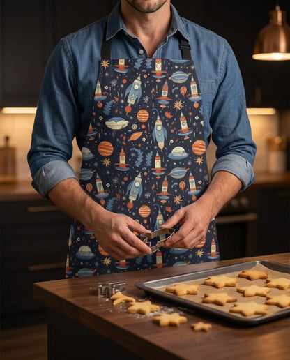 Galactic Space Rocket Romp Adult Apron worn in a real kitchen scene