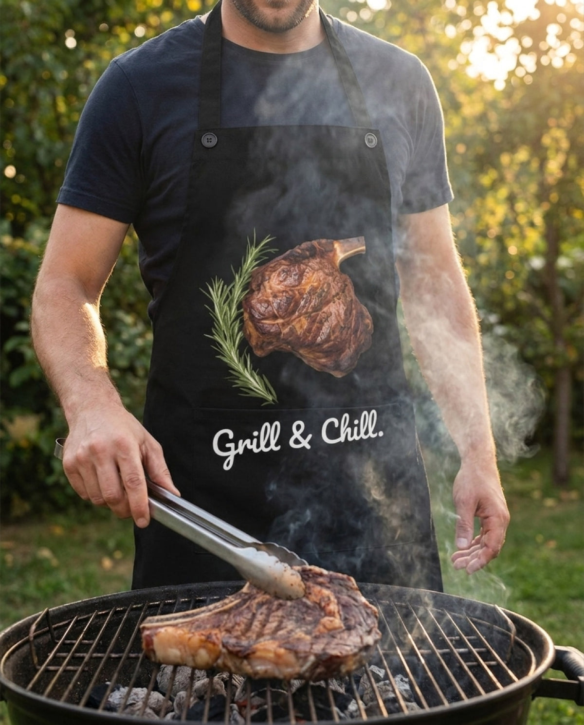 Grill & Chill Adult Apron worn in a real kitchen scene
