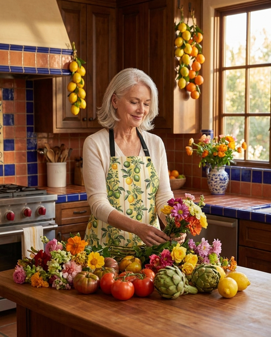 Lemony Lime Adult Apron worn in a real kitchen scene