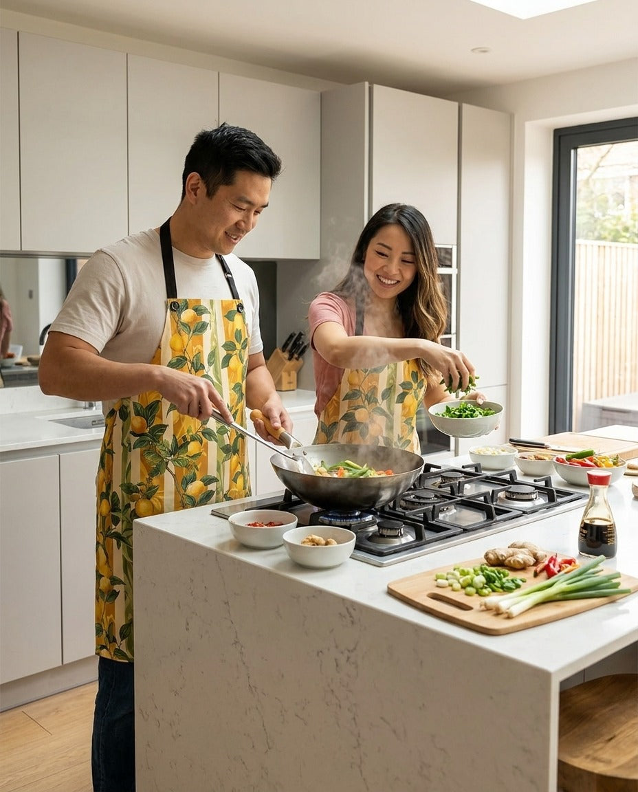 Lemon Grove Elegance Adult Apron worn in a real kitchen scene