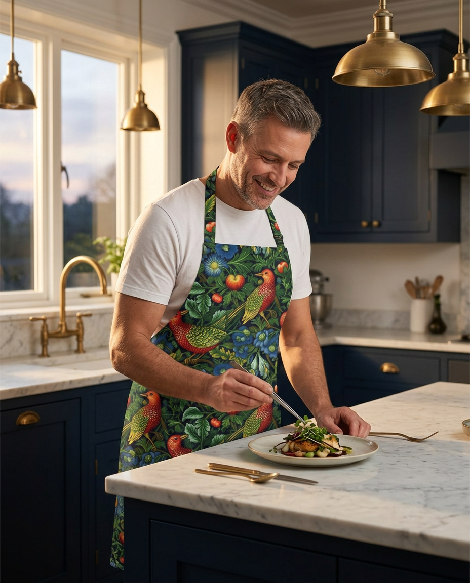 Golden Winged Bird Tapestry Adult Apron worn in a real kitchen scene