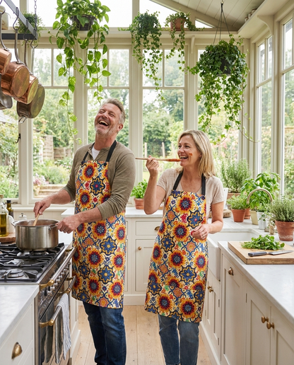 Majorcan Mosaic Splendor Adult Apron worn in a real kitchen scene