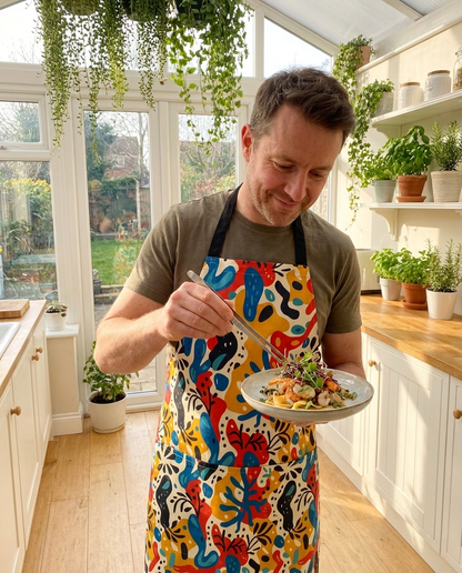 Spice of Life Adult Apron worn in a real kitchen scene