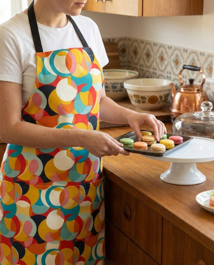 Mod Circle Medly Adult Apron worn in a real kitchen scene