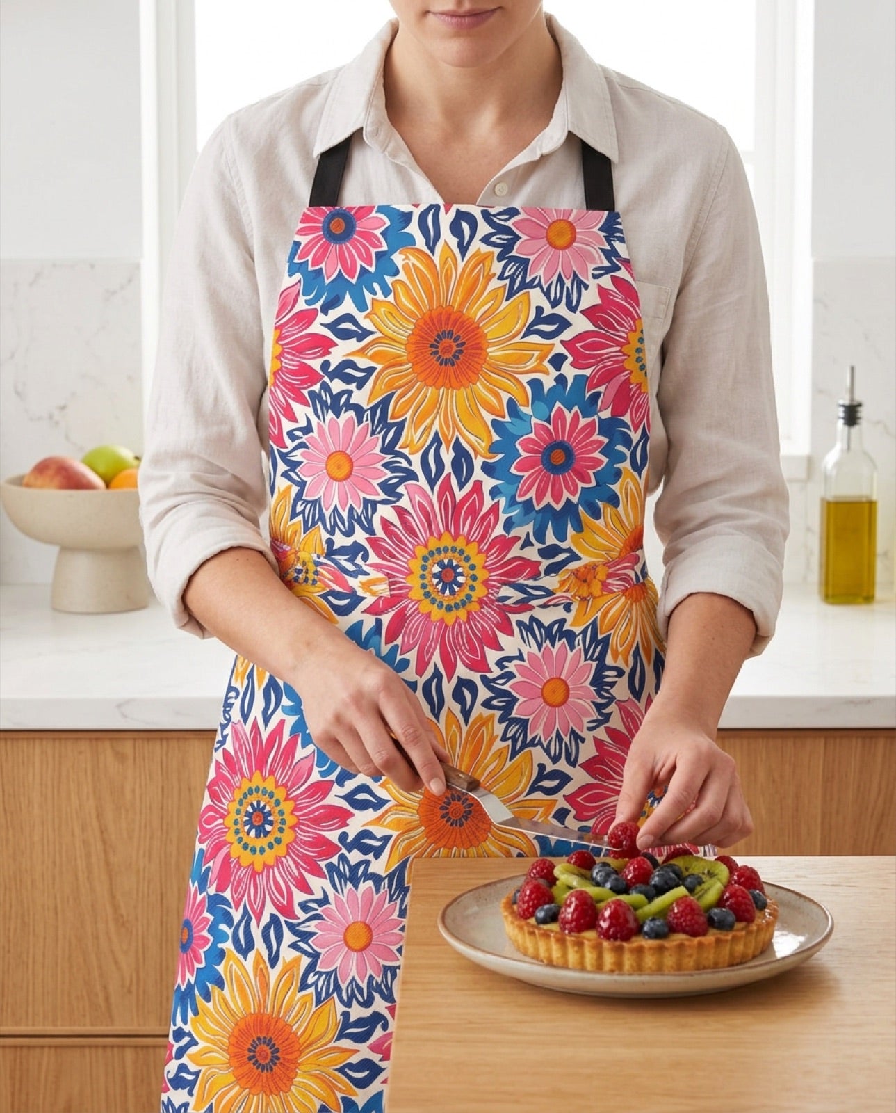 Sunsplash Petals Adult Apron worn in a real kitchen scene