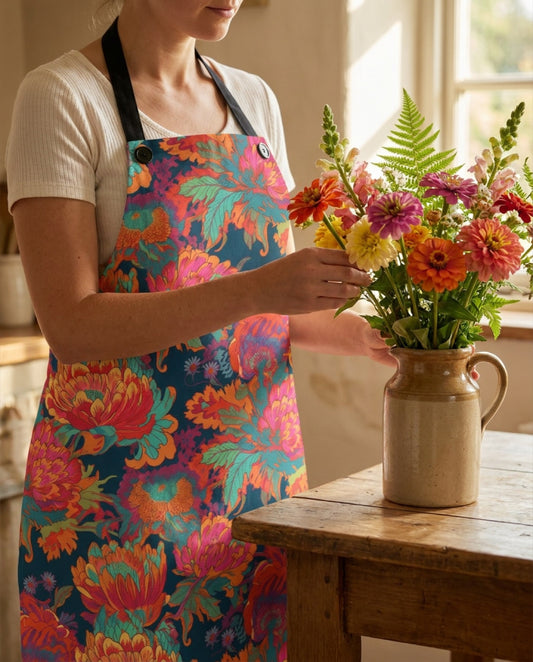 Psychedelic Flower Power Adult Apron worn in a real kitchen scene
