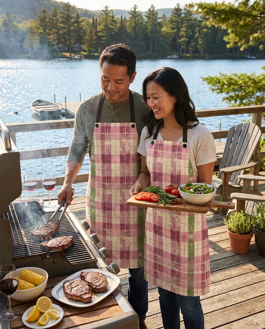 Spring Serenade Plaid Adult Apron worn in a real kitchen scene