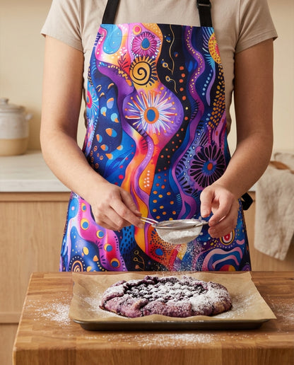 Purple Craziness Adult Apron worn in a real kitchen scene