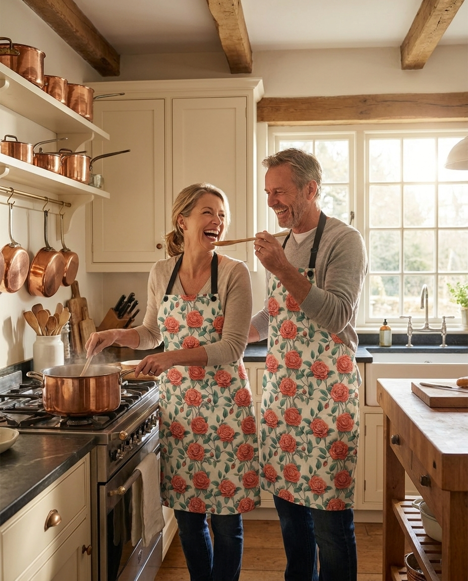 Romantic Rose Adult Apron worn in a real kitchen scene