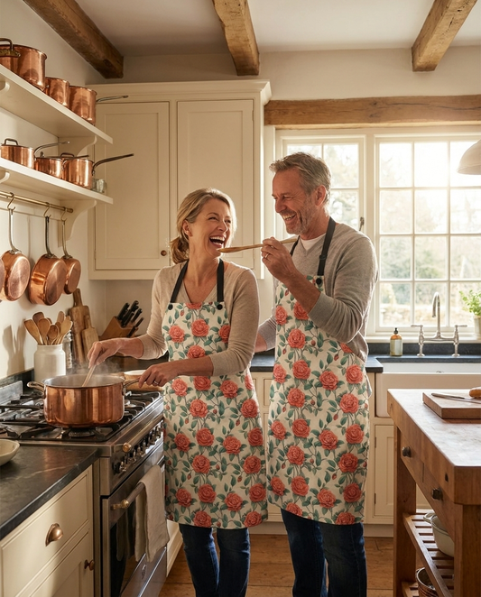 Romantic Rose Adult Apron worn in a real kitchen scene