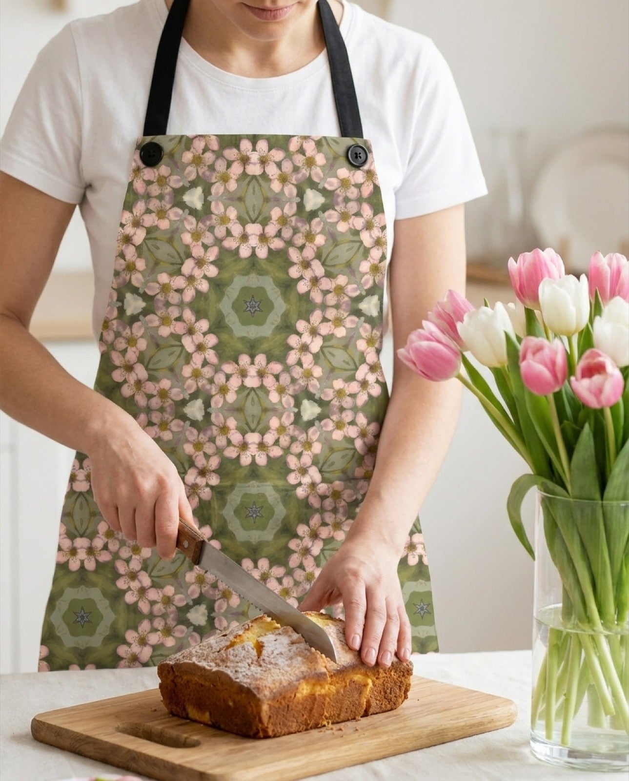 Springtime Petal Dance Adult Apron worn in a real kitchen scene