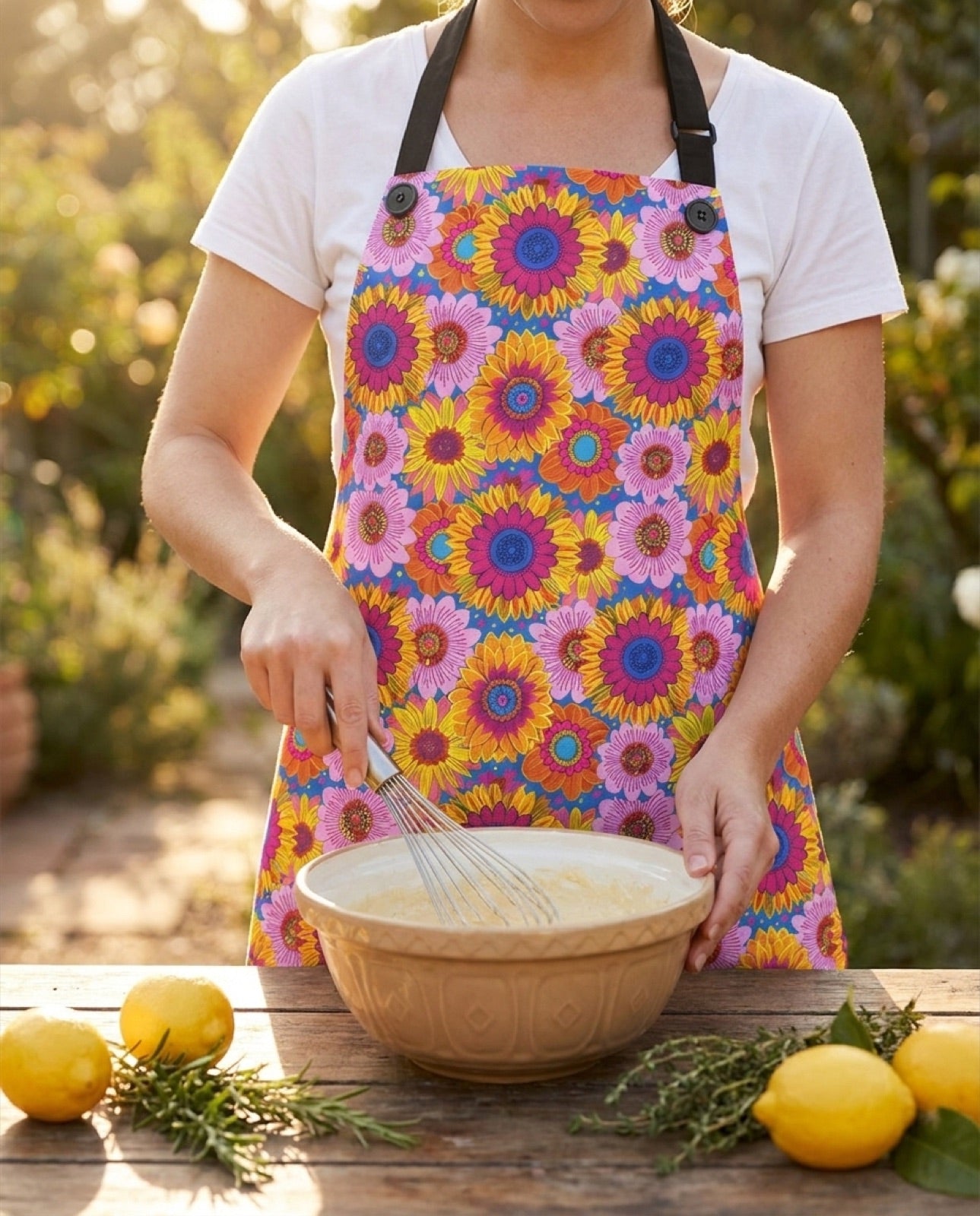 Sunny Garden Soiree Adult Apron worn in a real kitchen scene