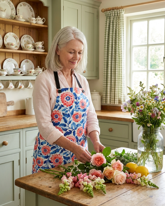 Whimsical Batik Blossoms Adult Apron worn in a real kitchen scene