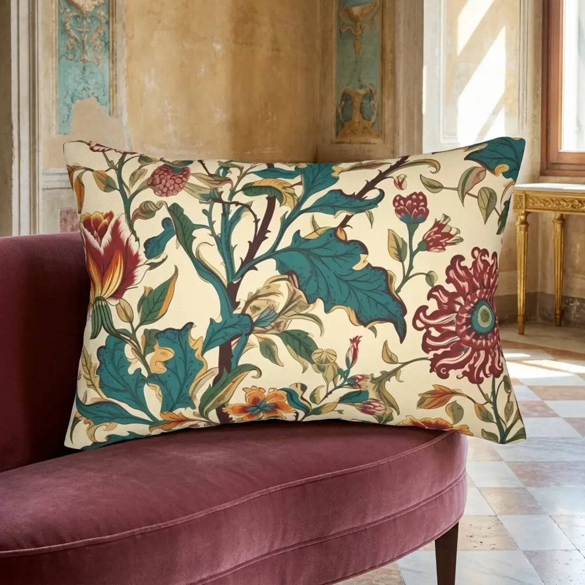 Baroque Fall Floral Tapestry Lumbar Pillow on a mulberry velvet banquette in a luminous Venetian salon
