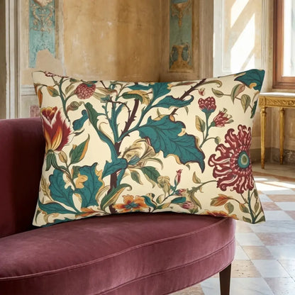 Baroque Fall Floral Tapestry Lumbar Pillow on a mulberry velvet banquette in a luminous Venetian salon