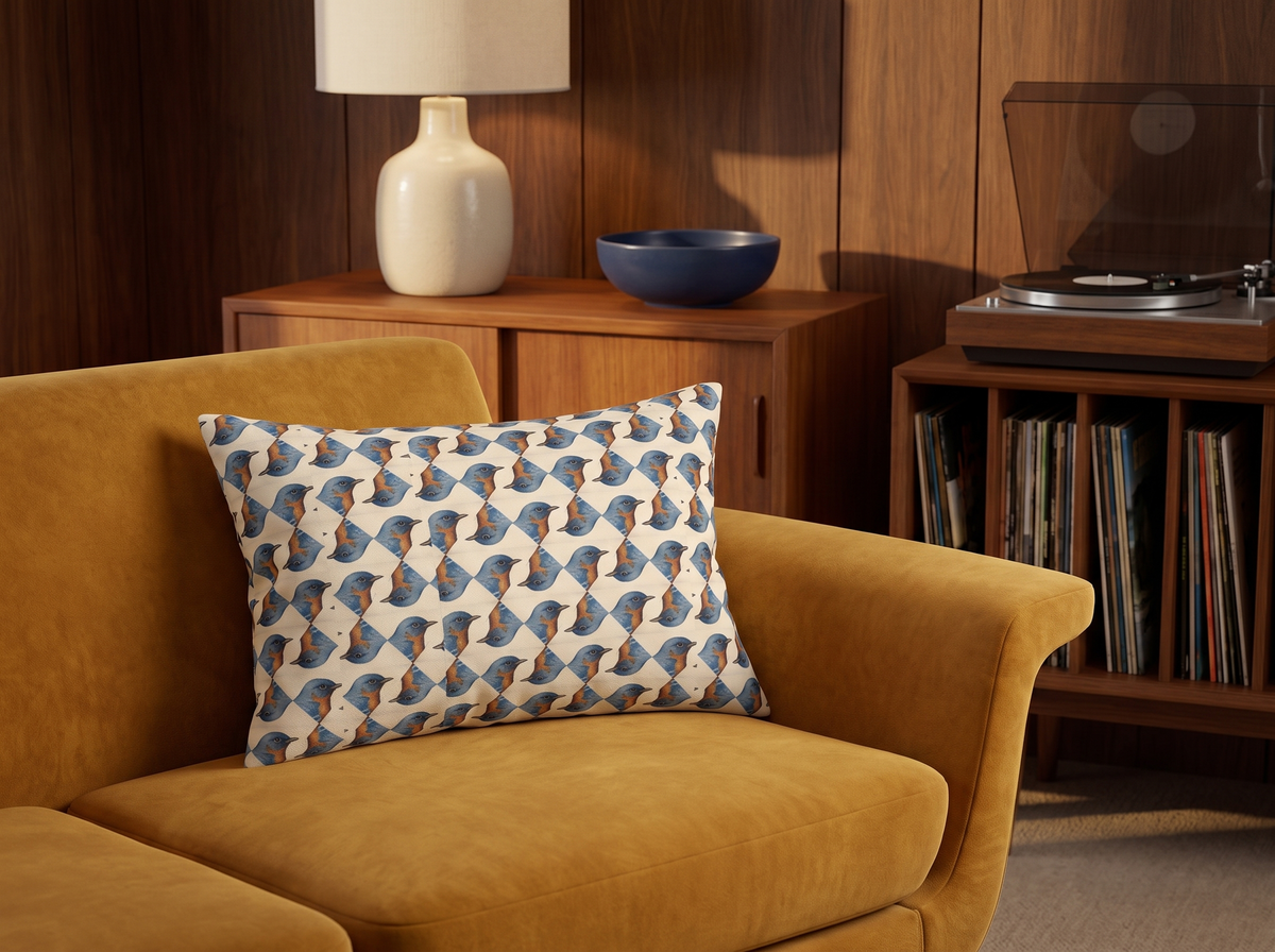 Bird Lover lumbar pillow in a warm mid-century listening room