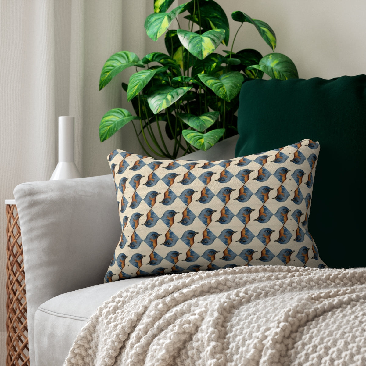 Bird Lover 20 by 14 inch lumbar pillow on a sofa
