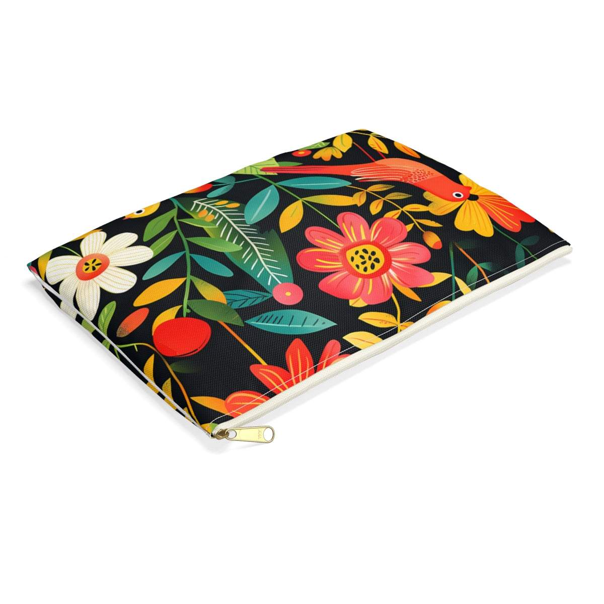 Blooming Bird Wonderland Accessory Pouch - side view, laying flat