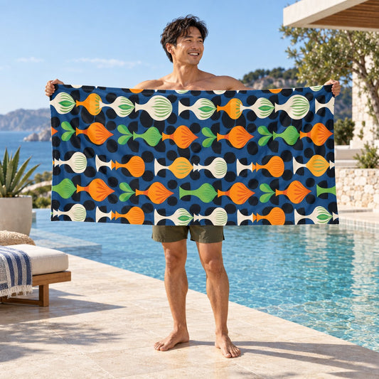 Mod Floating Vases beach towel, shown with an adult in a summer setting.