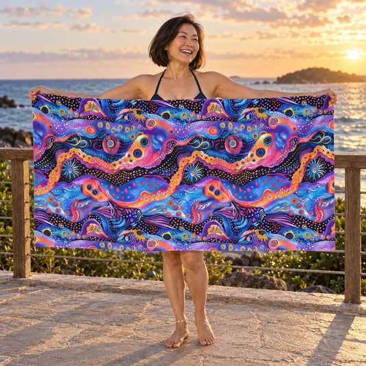Purple Craziness beach towel, shown with an adult in a summer setting.