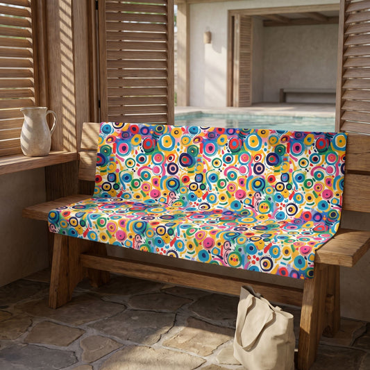 Pop Art Swirls beach towel, displayed in a summer setting.
