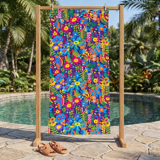 Groovy Garden beach towel, displayed in a summer setting.